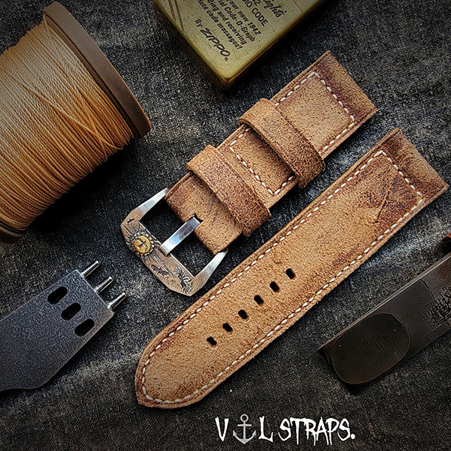 Handmade Watch Strap Customization - British Oil-Waxed Full-Grain Leather, Desert Tan-Green Vintage Pilot Pin-Buckle Strap