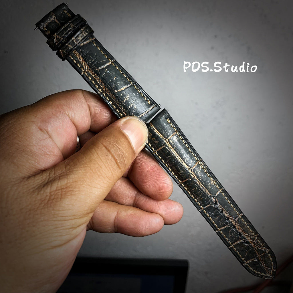 Handmade Custom American Retro Black & Gold American Alligator Leather Watch Strap - Frosted Texture, Sweat-Resistant, Soft, Pin Buckle