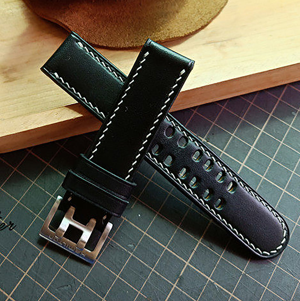 Handmade Custom Italian Black Cowhide Watch Strap - Double-Pin Double-Row Holes, Soft & Durable, Pin Buckle