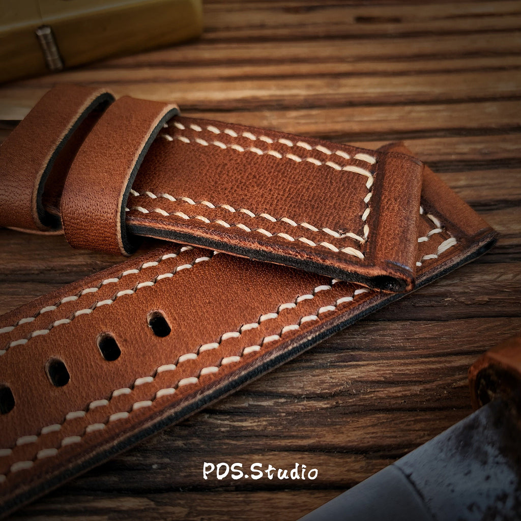 Handcrafted Custom Leather Watch Strap, British Vintage Style, Made of Brown Old-Growth Leather, Soft with Double Thread Sandwich Structure