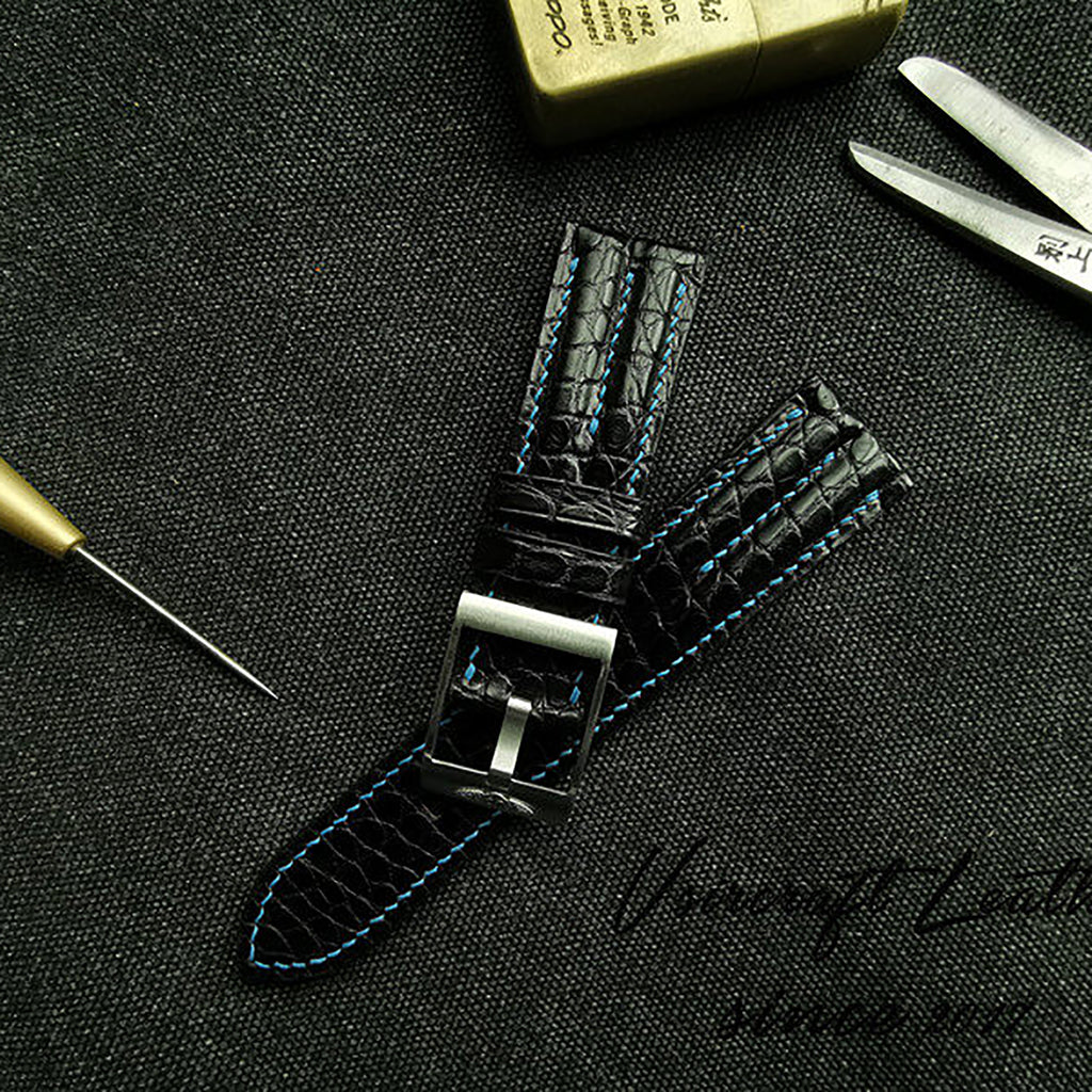 Handcrafted Custom Watch Strap - Double-Sided American Alligator Leather, Black, Waterproof & Sweat-Resistant, Soft Texture, Double-Strand Pin Buckle