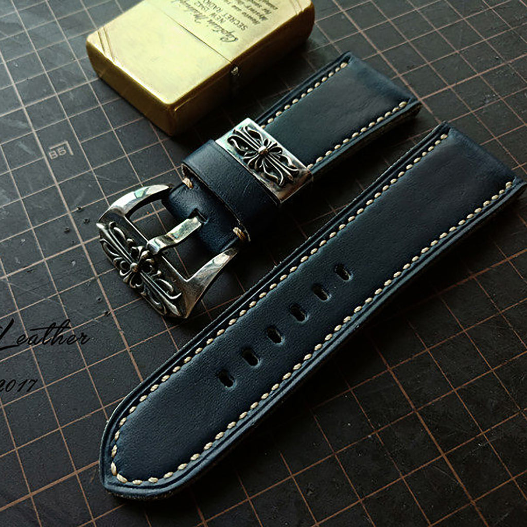 Handmade Custom American Horween Leather Watch Strap - Ink Blue & Dark Blue, Thickened & Soft, Pin Buckle