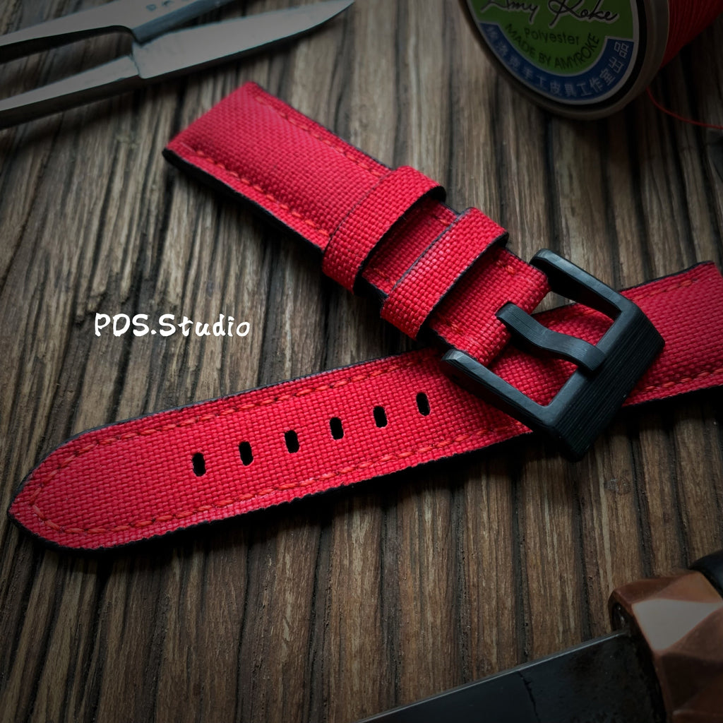 Handmade Nylon Watch Strap Customization - Waterproof, Sweat-Resistant, Durable & Soft, Black & Red, Raised Texture, Pin Buckle