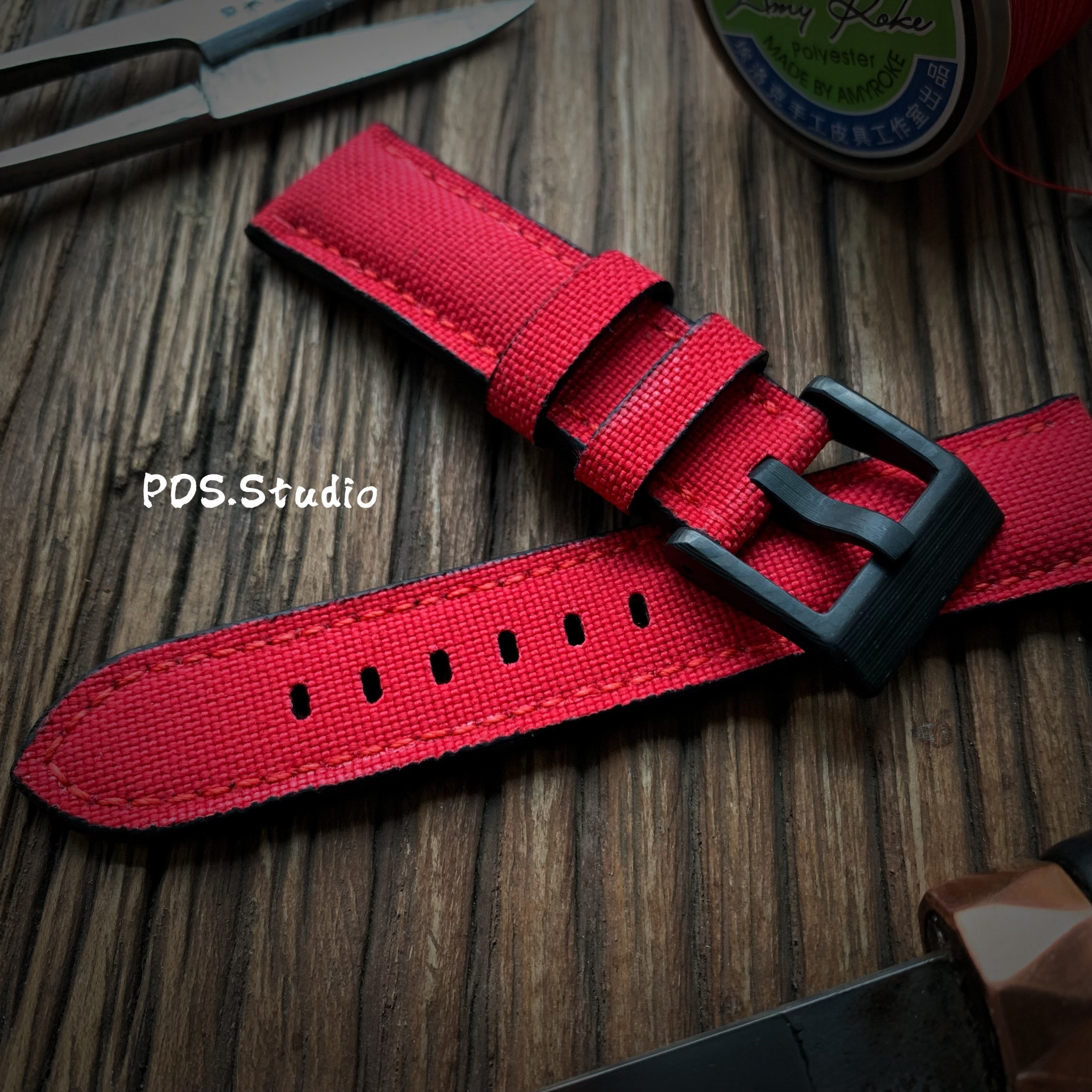 Handmade Nylon Watch Strap Customization - Waterproof, Sweat-Resistant, Durable & Soft, Black & Red, Raised Texture, Pin Buckle