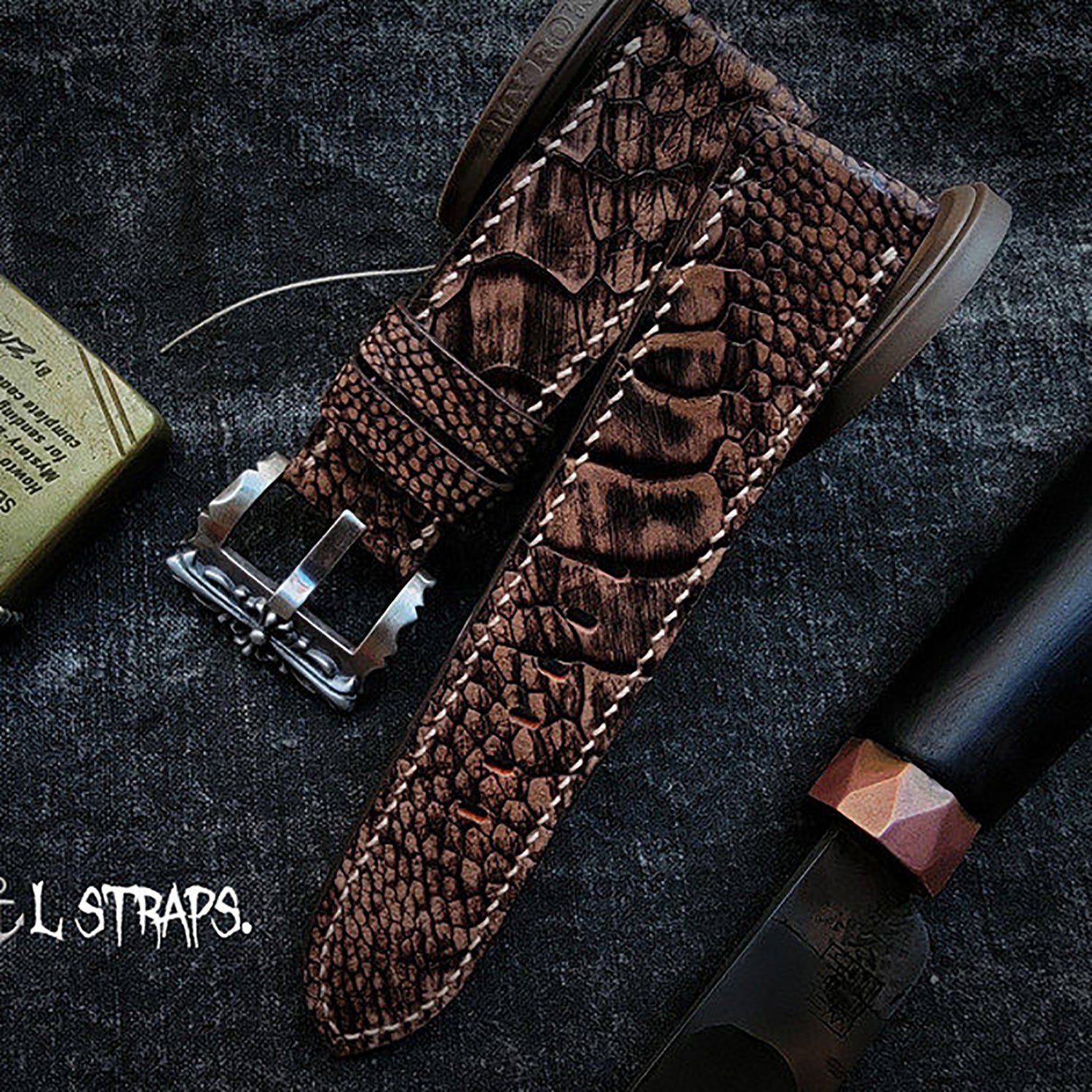 Handmade Custom Vintage Brown Ostrich Foot Leather Watch Strap - Cracked Texture, Soft, Pin Buckle, Thickened