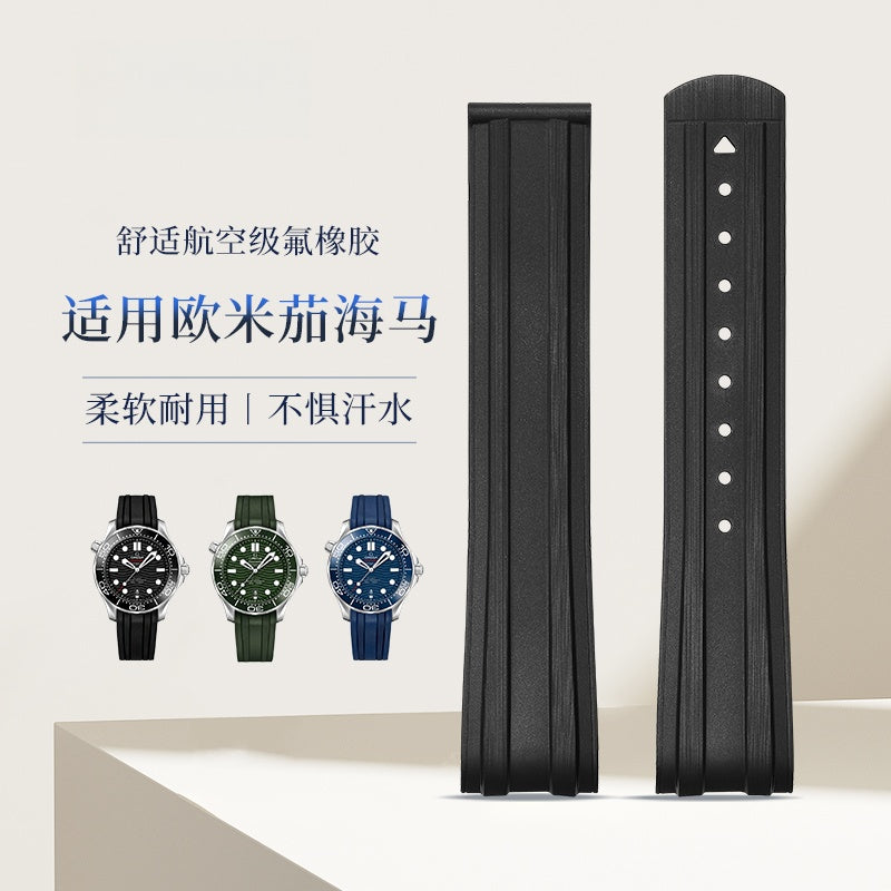 Fluorine Rubber Watch Strap for Omega Seamaster 300, Diver Strap, Fits 007 Black Sniper
