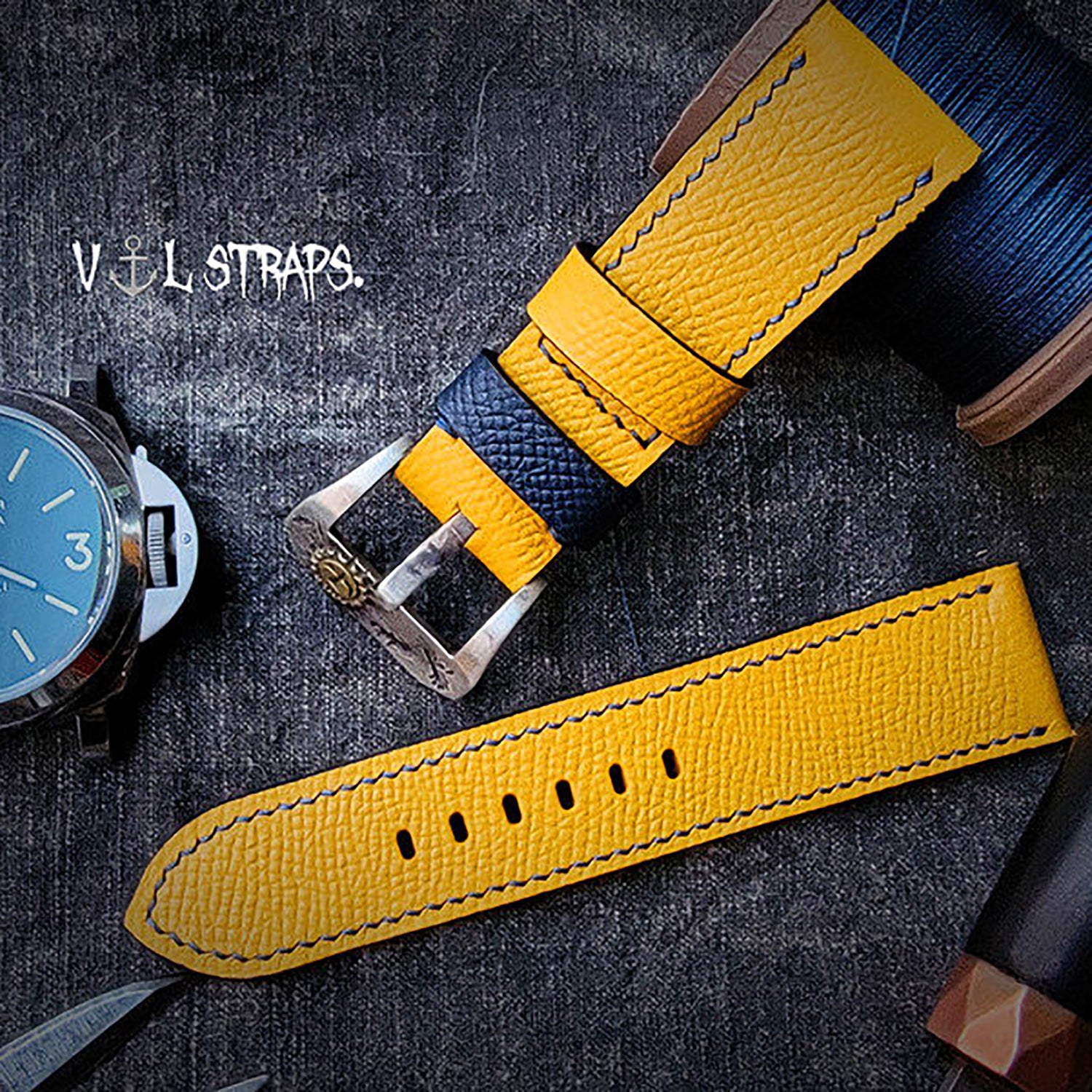 Handcrafted Custom French Calfskin Watch Strap, Color-Blocked & Contrast Design, Sweat-Resistant, Waterproof, Soft Texture with Pin Buckle