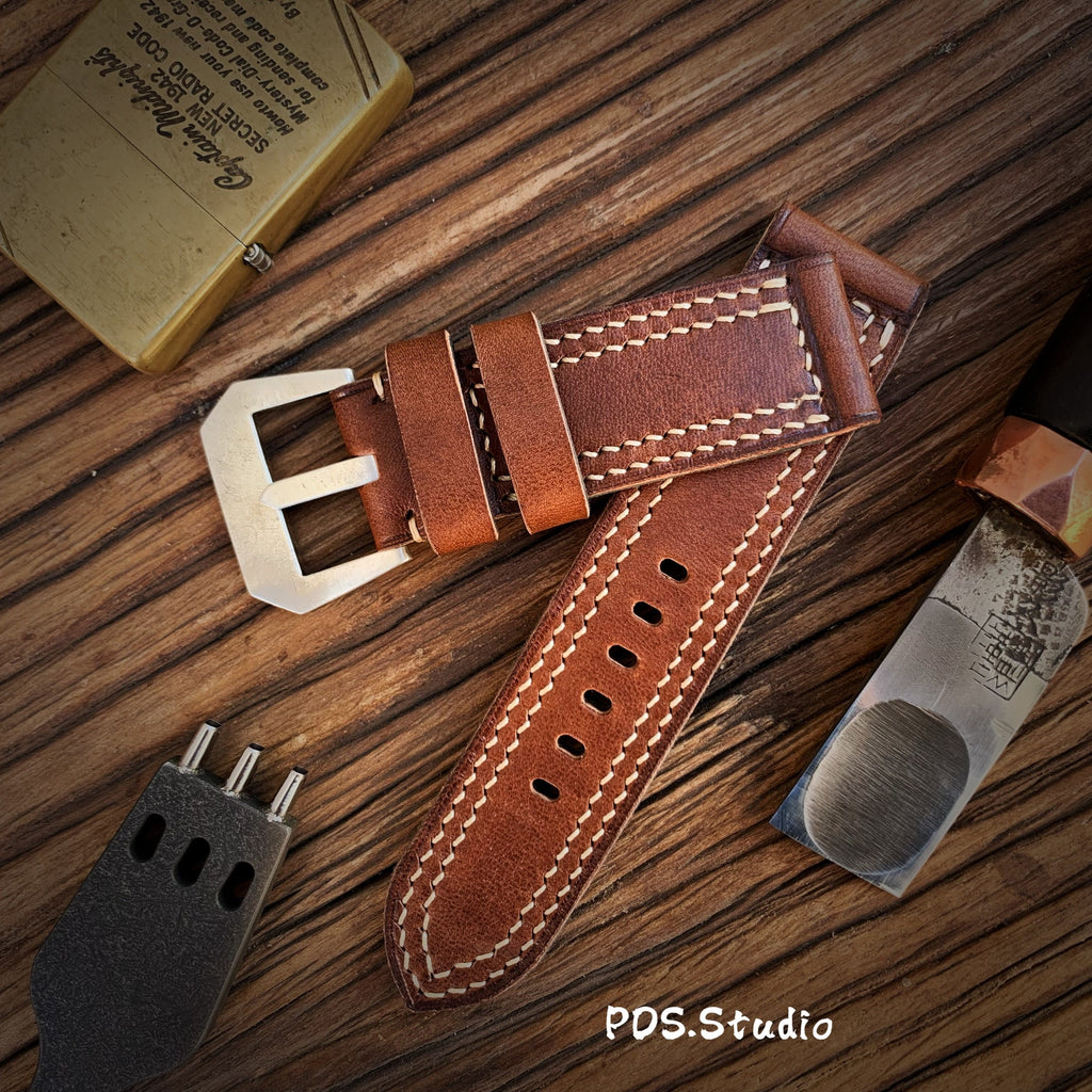 Handcrafted Custom Leather Watch Strap, British Vintage Style, Made of Brown Old-Growth Leather, Soft with Double Thread Sandwich Structure
