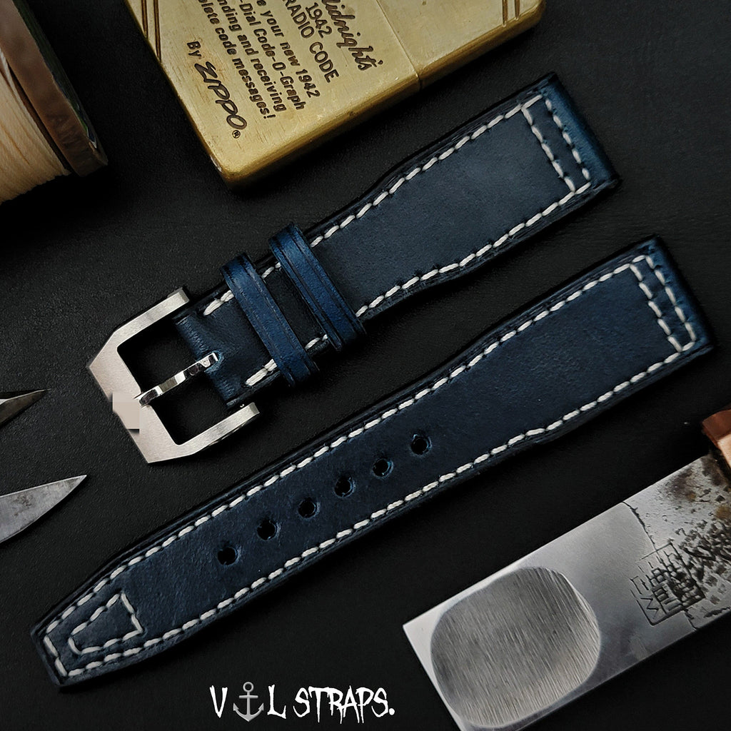 Handmade Custom Italian Cowhide Leather Watch Strap - Compatible with Pilot, Portuguese, Spitfire (Blue Pin Buckle)