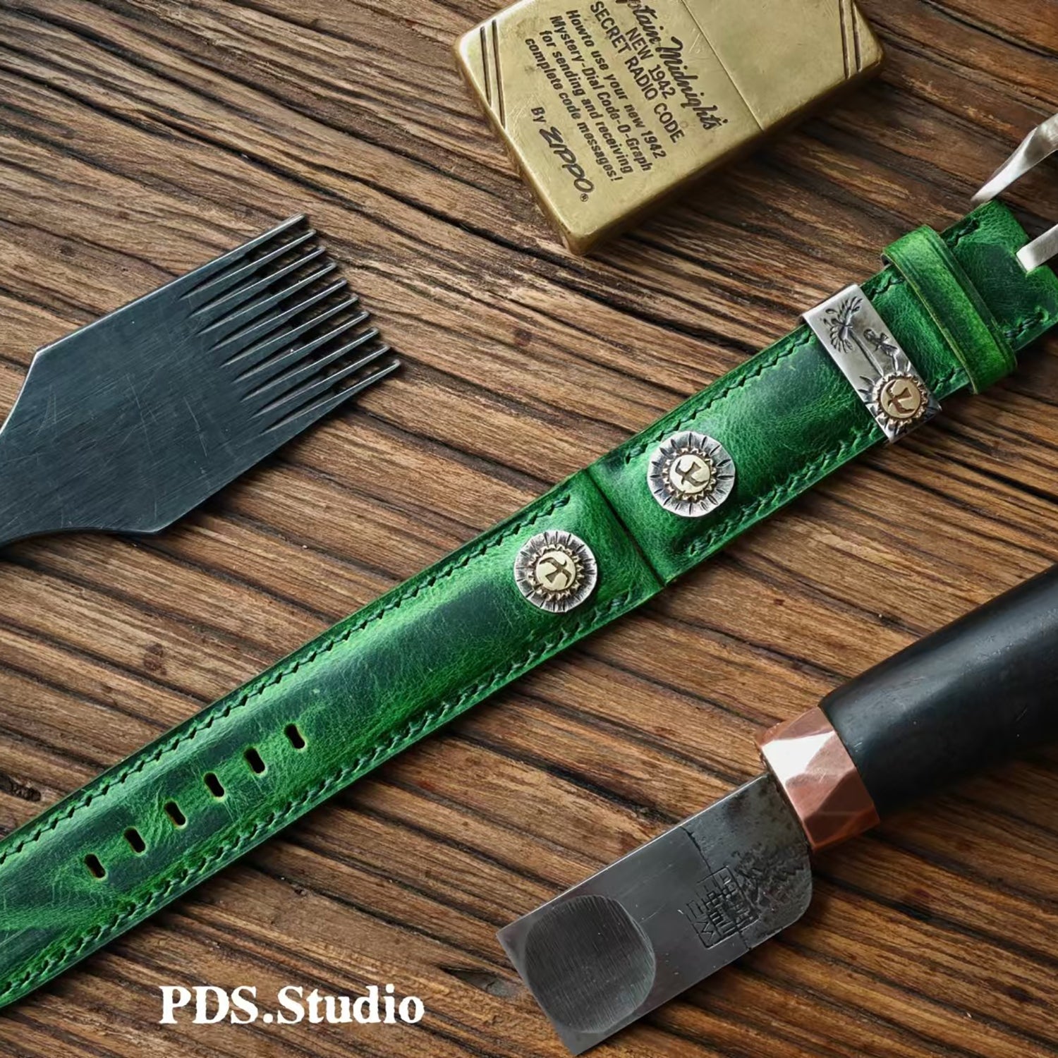 Handmade Custom Kudu Leather Watch Strap - Vintage Green, American Raised Texture, Pin Buckle, Extended Length
