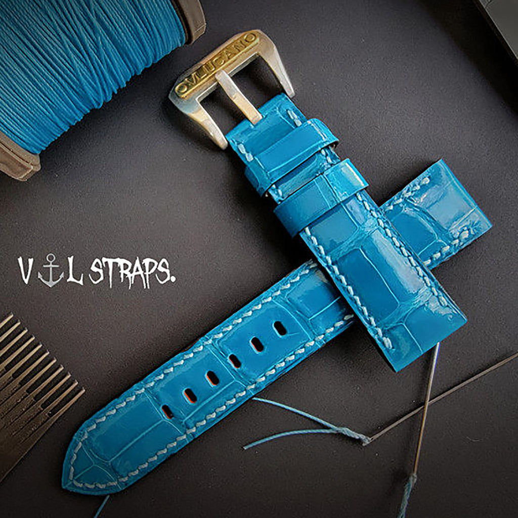 Handmade High-Gloss American Crocodile Leather Watch Strap - Custom Milk White Color, Waterproof, Thickened & Soft - Original Blue