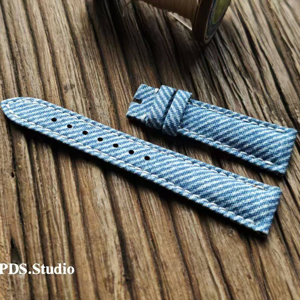 Handcrafted Custom Watch Strap - Imported Blue Denim & PP French Calf Leather, Minimalist Pin Buckle