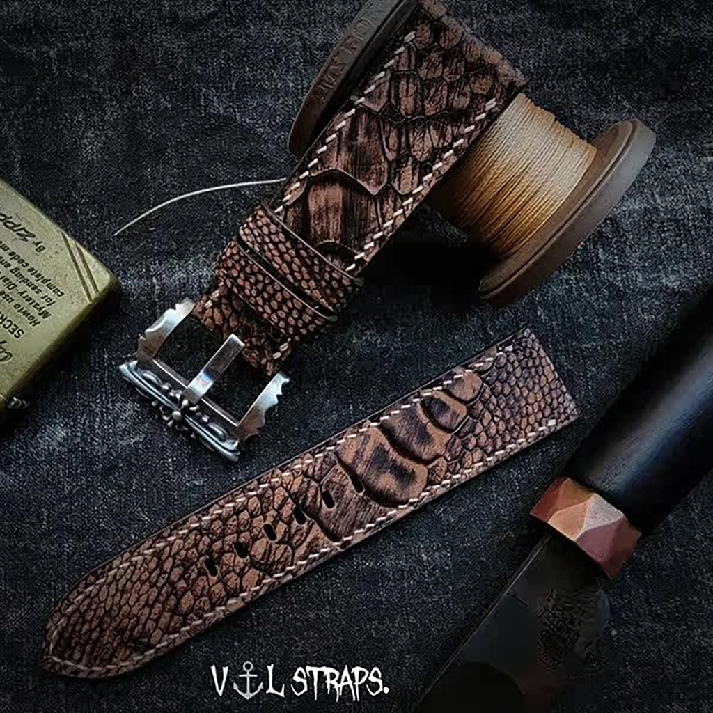 Handmade Custom Vintage Brown Ostrich Foot Leather Watch Strap - Cracked Texture, Soft, Pin Buckle, Thickened