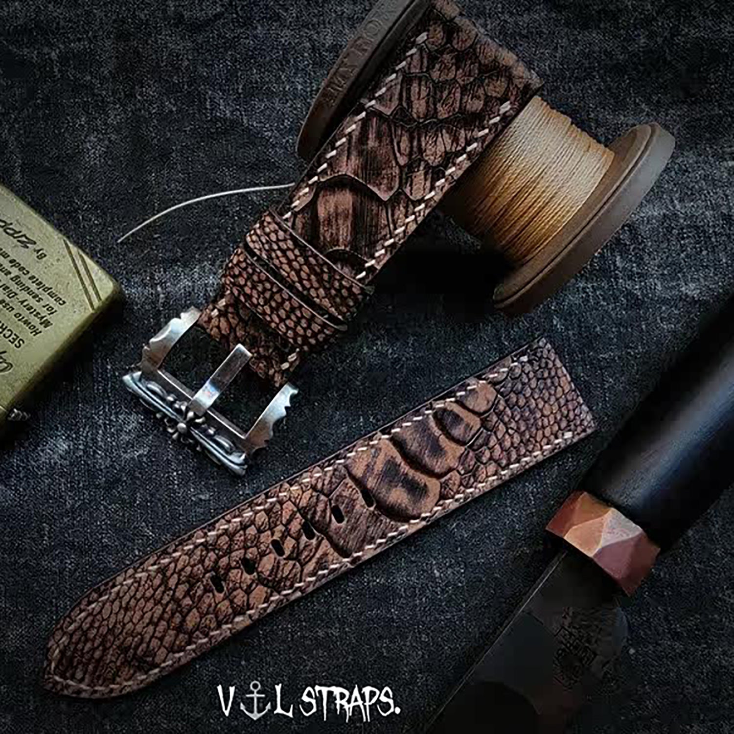 Handmade Custom Vintage Brown Ostrich Foot Leather Watch Strap - Cracked Texture, Soft, Pin Buckle, Thickened