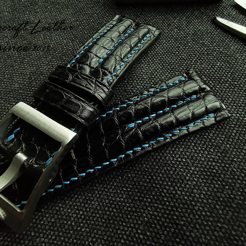 Handcrafted Custom Watch Strap - Double-Sided American Alligator Leather, Black, Waterproof & Sweat-Resistant, Soft Texture, Double-Strand Pin Buckle