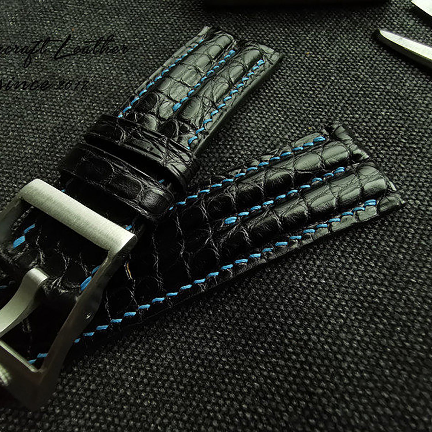 Handcrafted Custom Watch Strap - Double-Sided American Alligator Leather, Black, Waterproof & Sweat-Resistant, Soft Texture, Double-Strand Pin Buckle