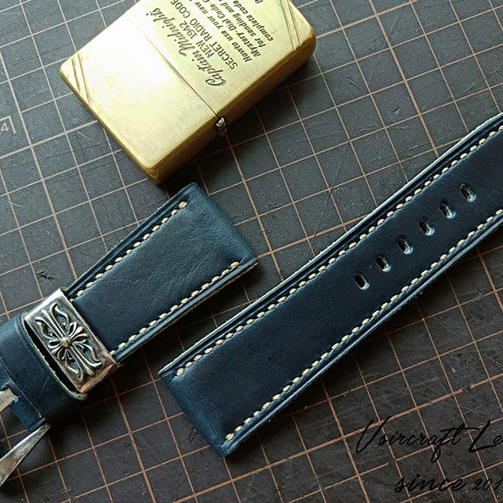 Handmade Custom American Horween Leather Watch Strap - Ink Blue & Dark Blue, Thickened & Soft, Pin Buckle