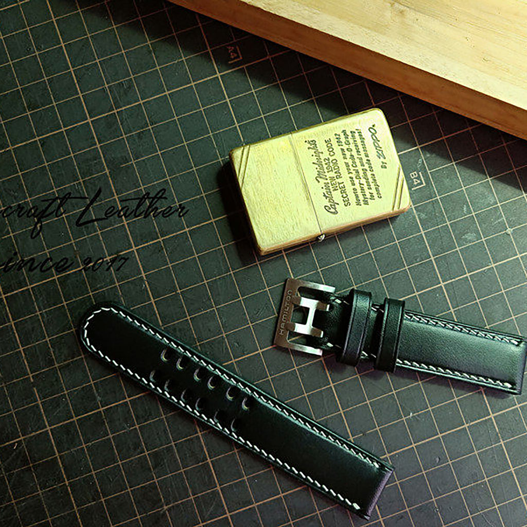 Handmade Custom Italian Black Cowhide Watch Strap - Double-Pin Double-Row Holes, Soft & Durable, Pin Buckle