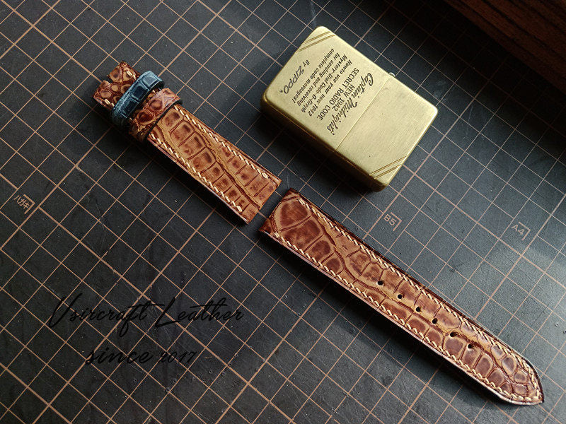 Handmade Custom Vintage American Matte Crocodile Leather Watch Strap - Matte Finish, Distressed Look, Pin Buckle