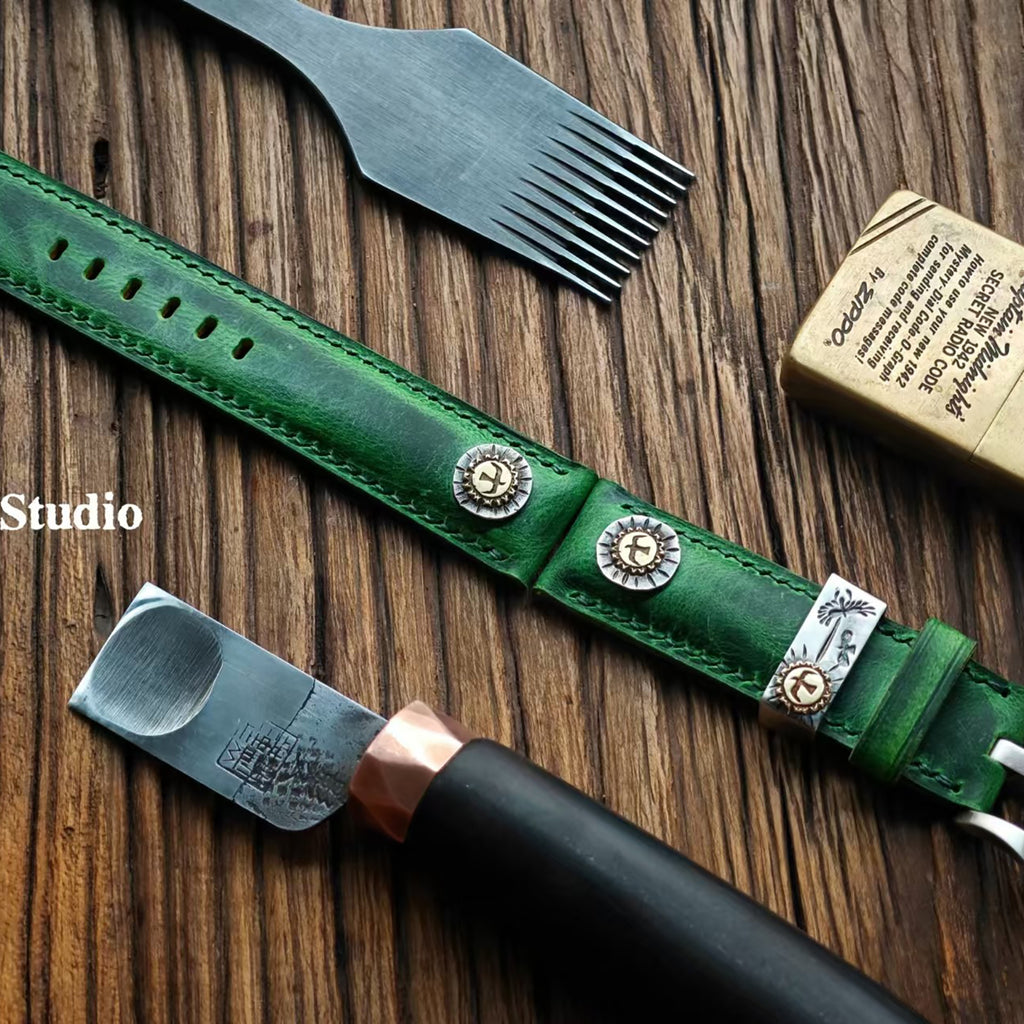 Handmade Custom Kudu Leather Watch Strap - Vintage Green, American Raised Texture, Pin Buckle, Extended Length