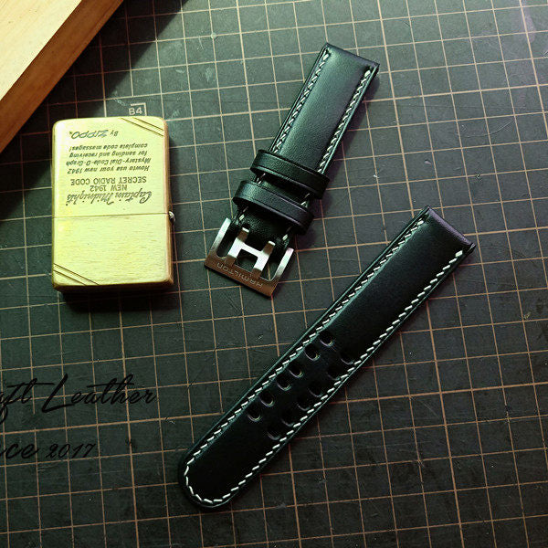Handmade Custom Italian Black Cowhide Watch Strap - Double-Pin Double-Row Holes, Soft & Durable, Pin Buckle