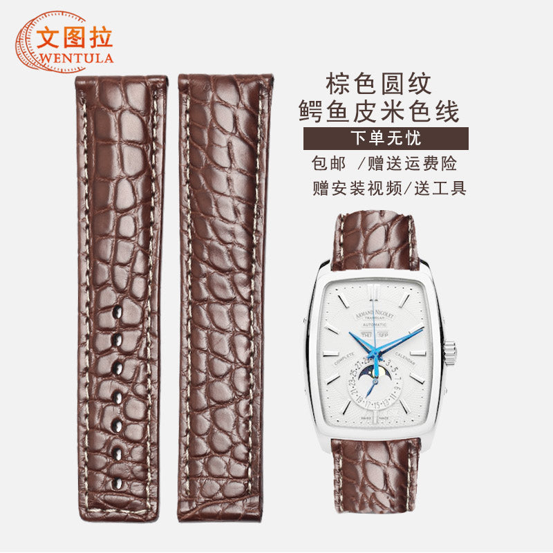 Alligator watch strap, replacement for Armand Nicolet Contemporary Casual, genuine cowhide leather strap for men, with folding clasp