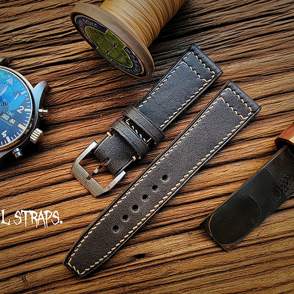 Handcrafted Custom Italian Leather Watch Strap - Meteorite Gray, Soft & Comfortable, Pilot & Portuguese Style with Pin Buckle