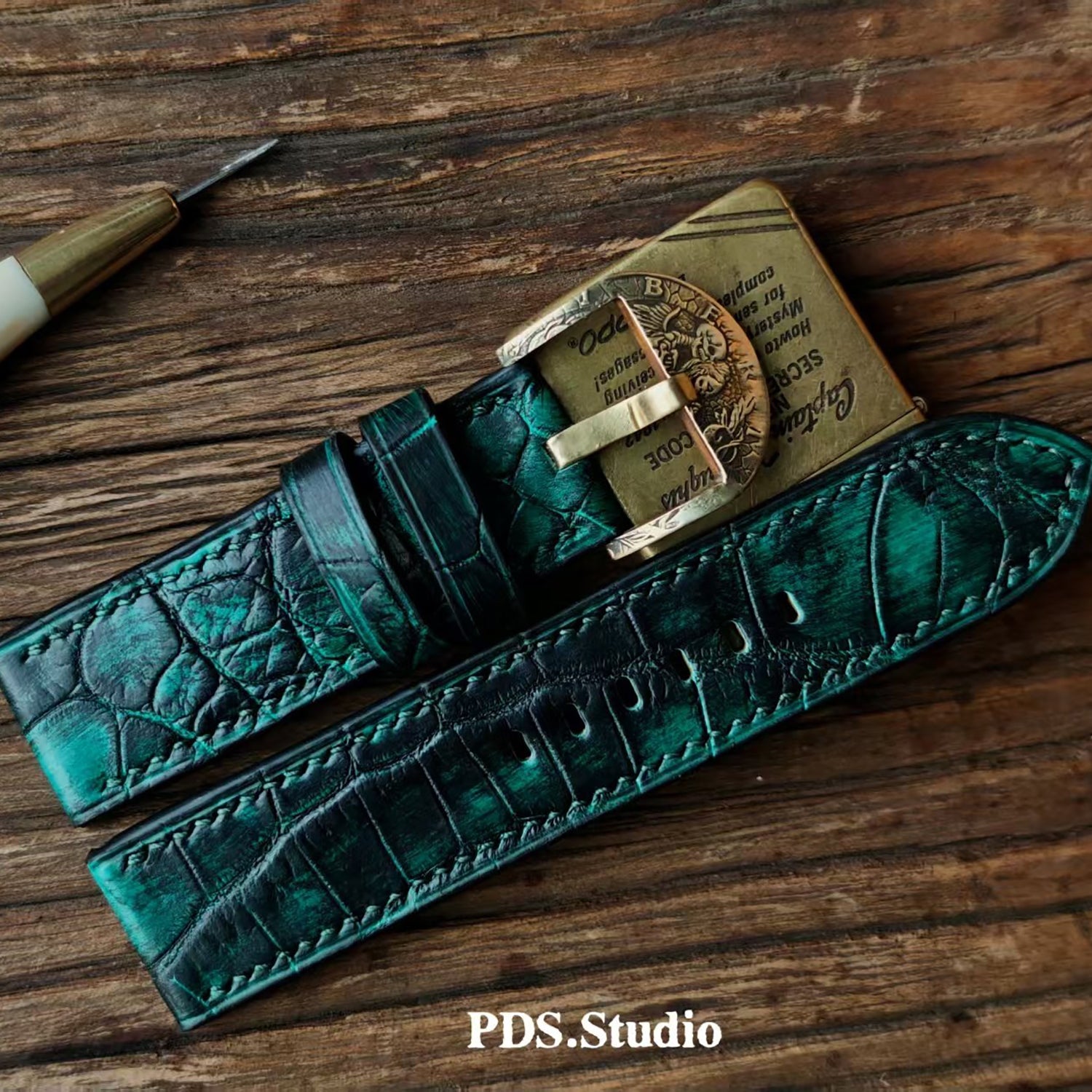 Handmade Custom American Vintage Sanded American Alligator Leather Watch Strap - Matte, Distressed, Black, Custom Pin Buckle