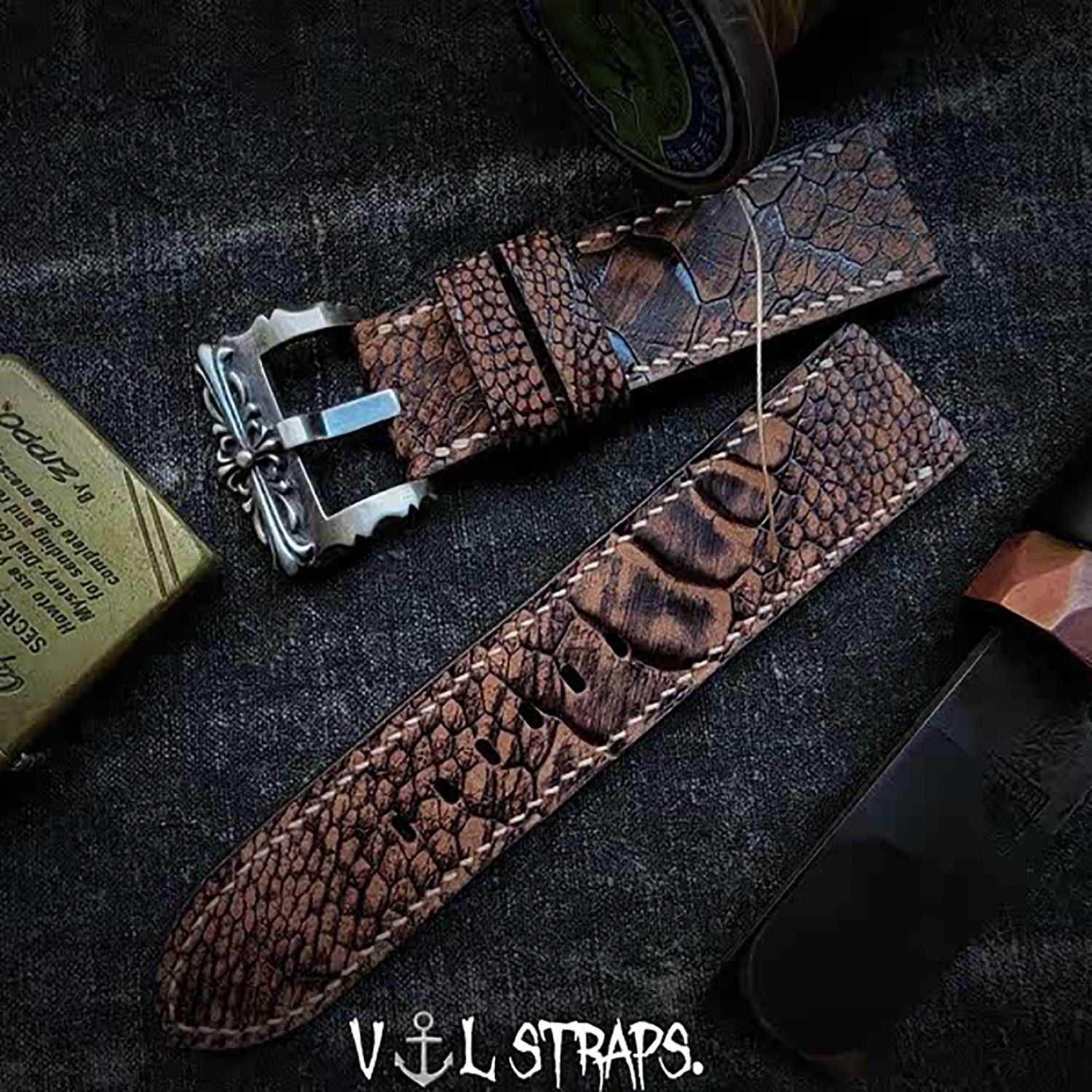 Handmade Custom Vintage Brown Ostrich Foot Leather Watch Strap - Cracked Texture, Soft, Pin Buckle, Thickened