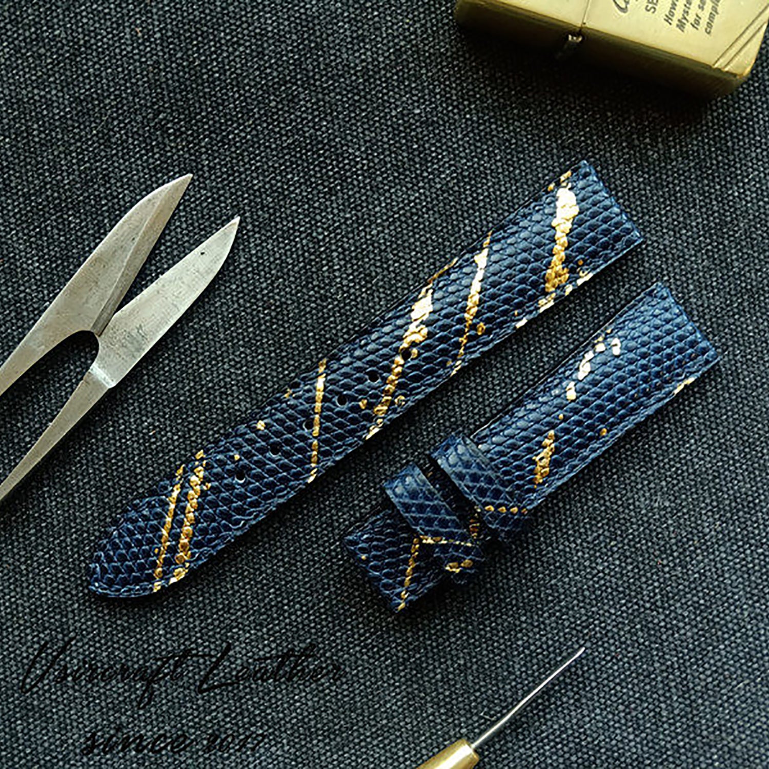 Handmade Custom Spanish Gilt Lizard Skin Watch Strap - Waterproof & Sweatproof, Black & Blue Pin Buckle