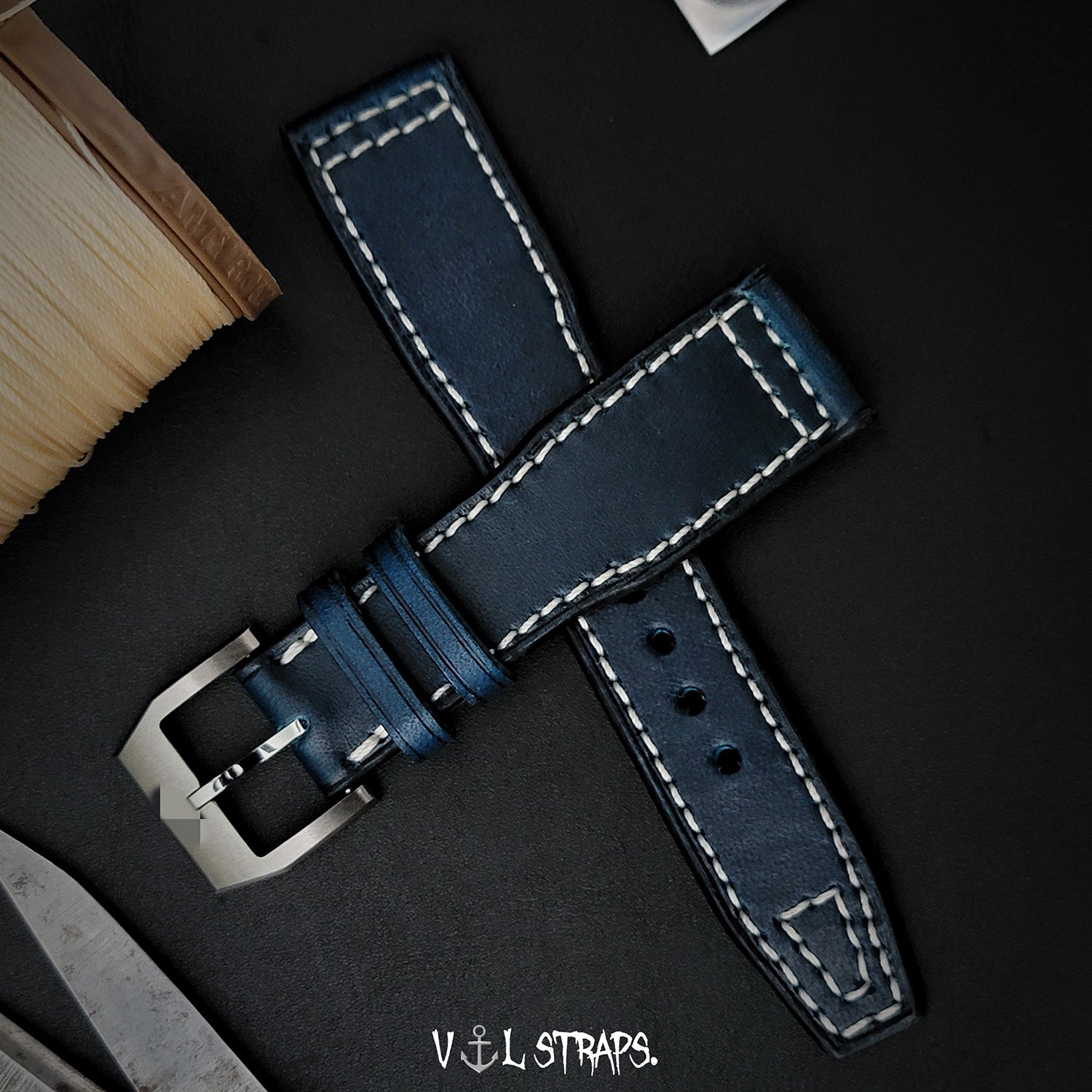 Handmade Custom Italian Cowhide Leather Watch Strap - Compatible with Pilot, Portuguese, Spitfire (Blue Pin Buckle)