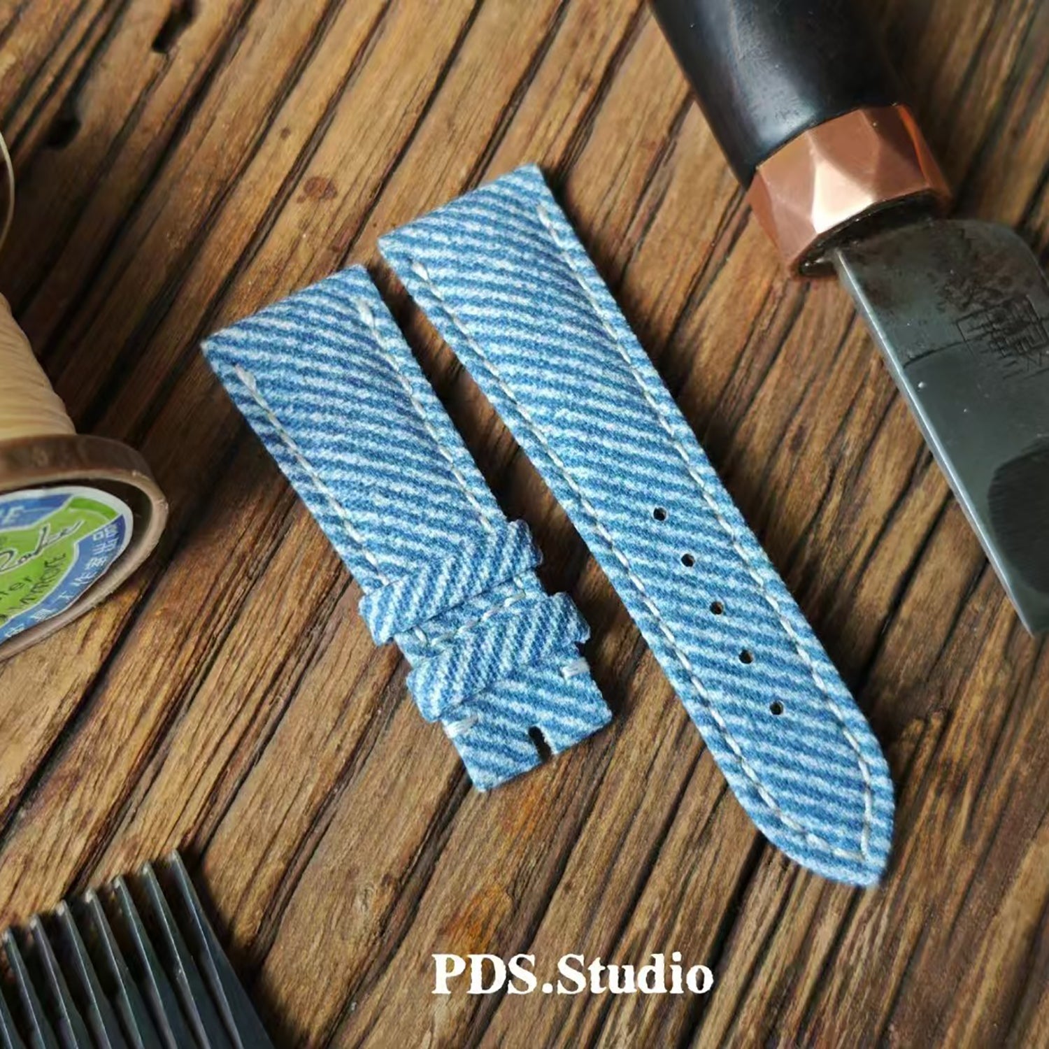 Handcrafted Custom Watch Strap - Imported Blue Denim & PP French Calf Leather, Minimalist Pin Buckle