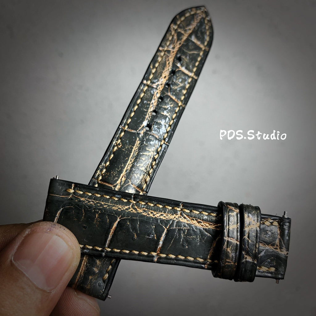 Handmade Custom American Retro Black & Gold American Alligator Leather Watch Strap - Frosted Texture, Sweat-Resistant, Soft, Pin Buckle
