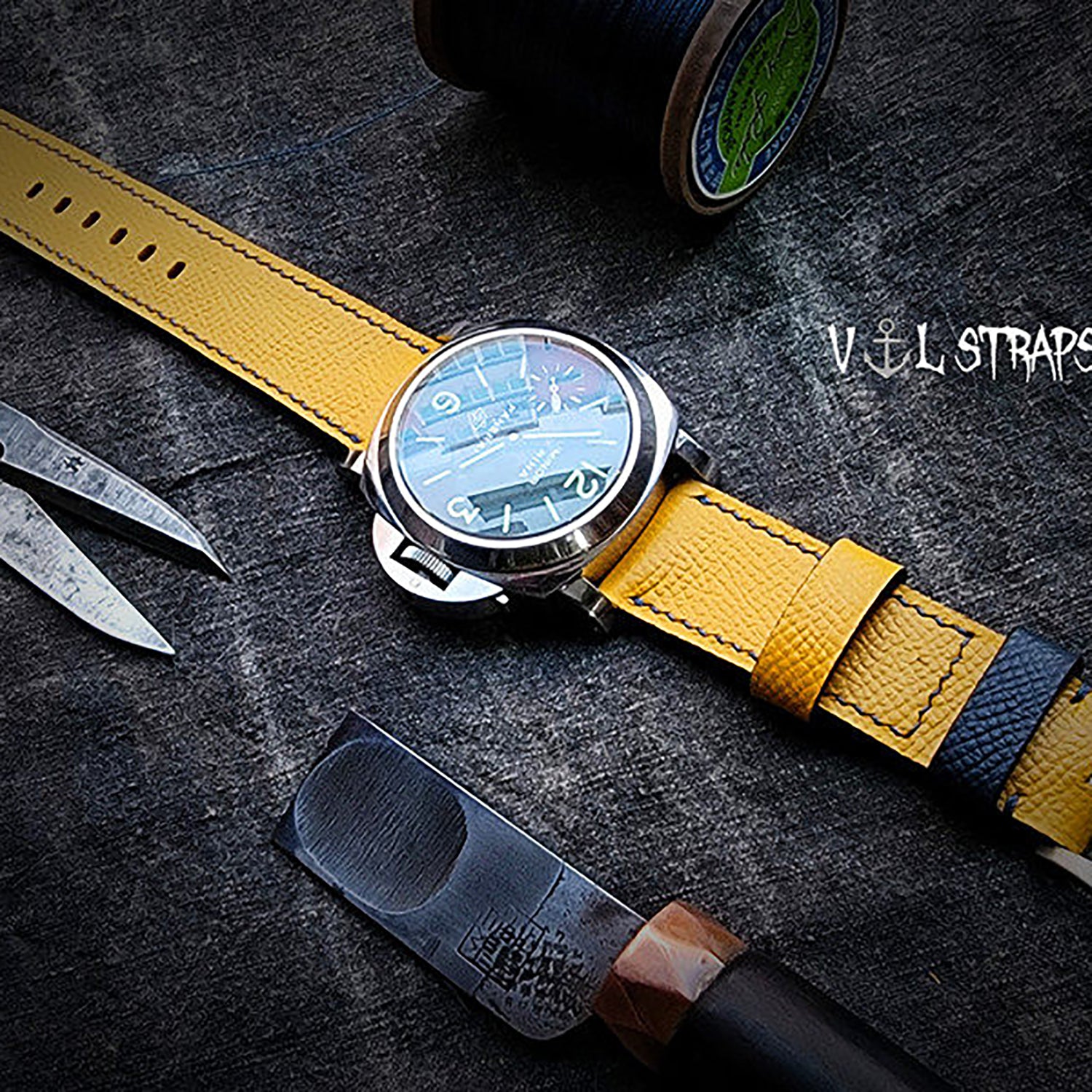 Handcrafted Custom French Calfskin Watch Strap, Color-Blocked & Contrast Design, Sweat-Resistant, Waterproof, Soft Texture with Pin Buckle