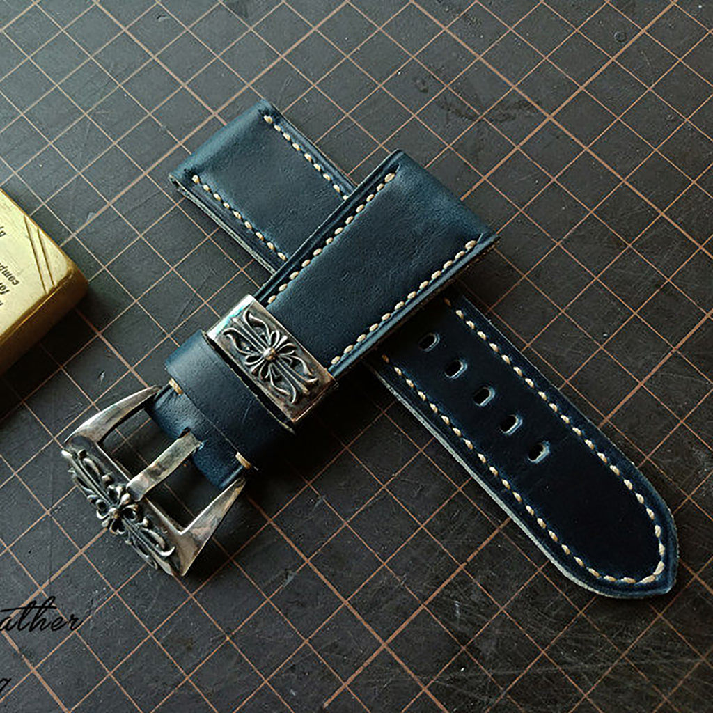 Handmade Custom American Horween Leather Watch Strap - Ink Blue & Dark Blue, Thickened & Soft, Pin Buckle