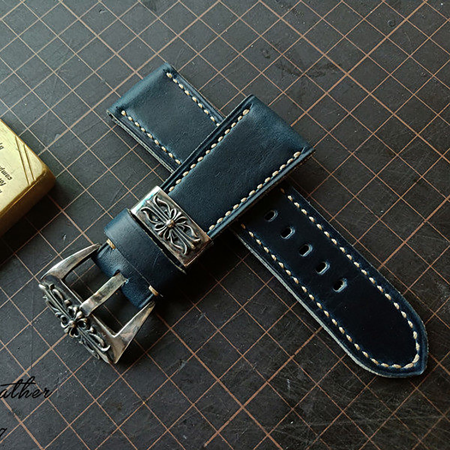 Handmade Custom American Horween Leather Watch Strap - Ink Blue & Dark Blue, Thickened & Soft, Pin Buckle