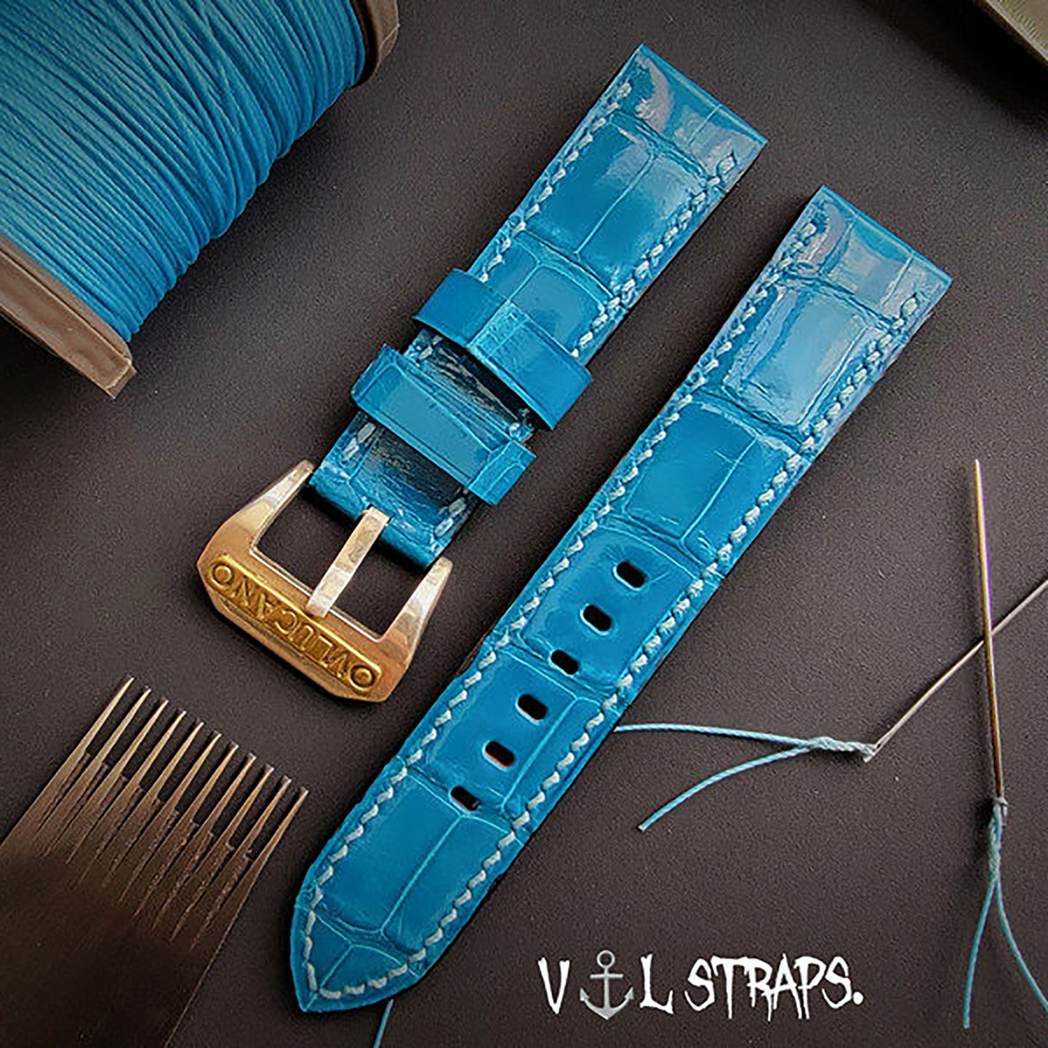 Handmade High-Gloss American Crocodile Leather Watch Strap - Custom Milk White Color, Waterproof, Thickened & Soft - Original Blue
