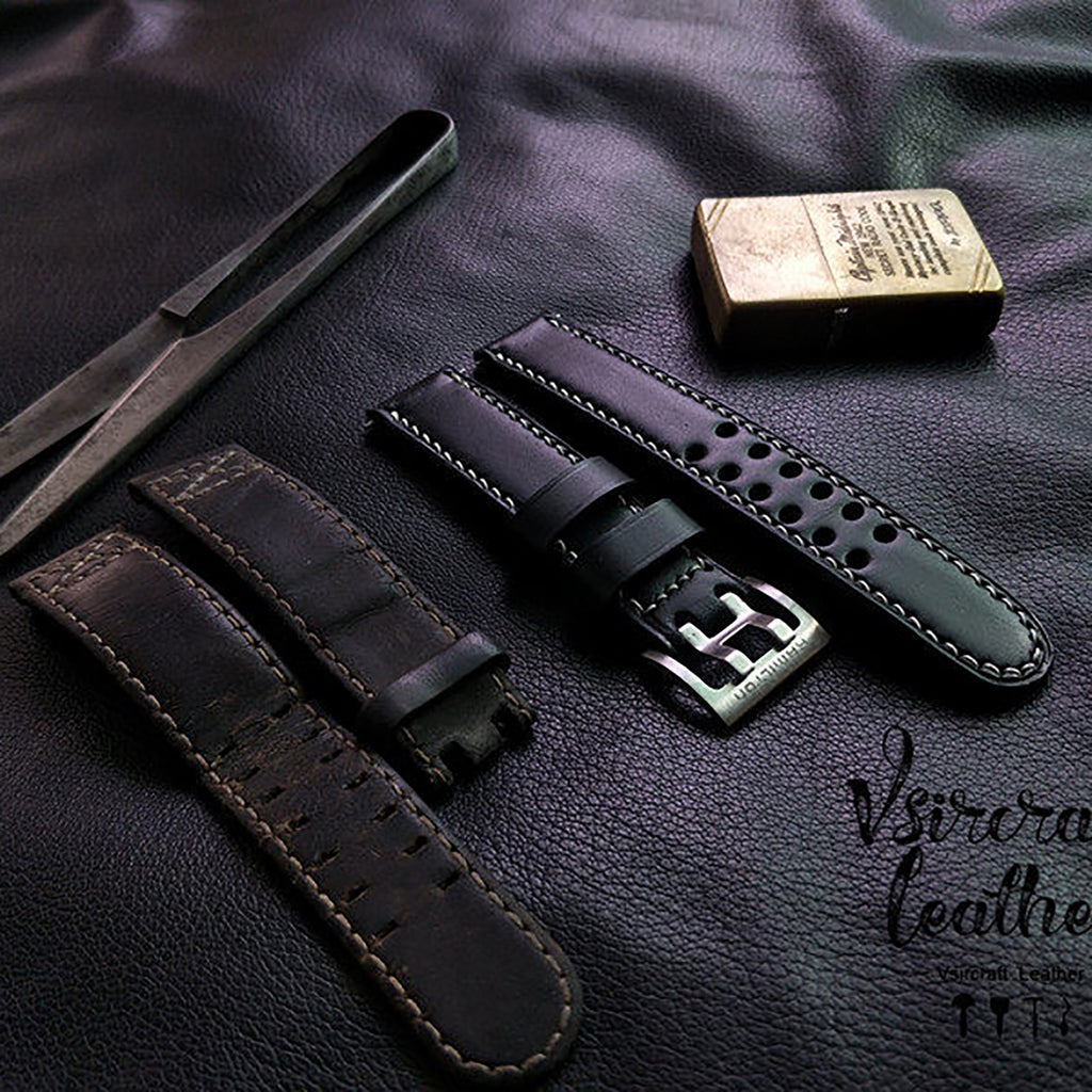 Handmade Custom Italian Black Cowhide Watch Strap - Double-Pin Double-Row Holes, Soft & Durable, Pin Buckle