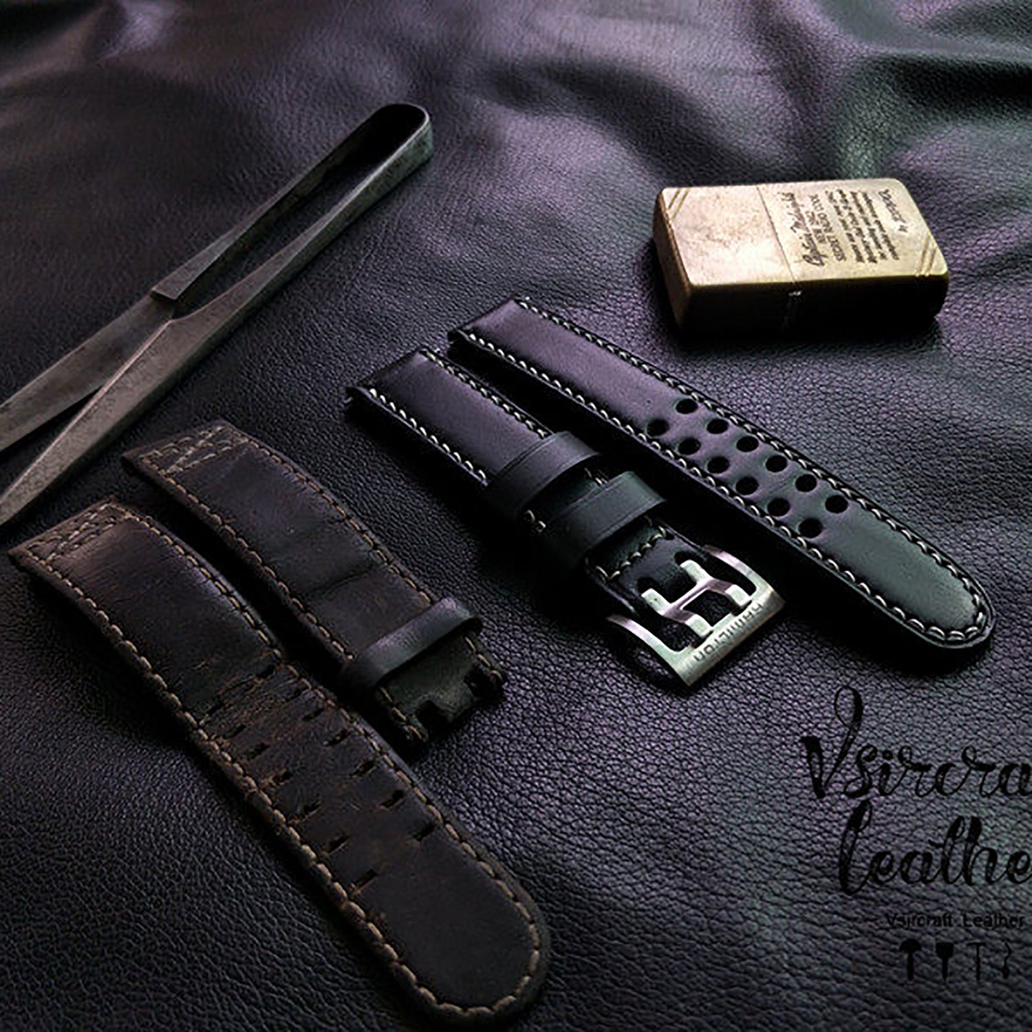 Handmade Custom Italian Black Cowhide Watch Strap - Double-Pin Double-Row Holes, Soft & Durable, Pin Buckle