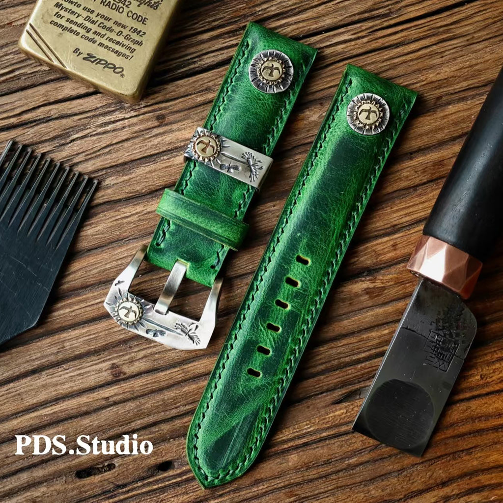 Handmade Custom Kudu Leather Watch Strap - Vintage Green, American Raised Texture, Pin Buckle, Extended Length