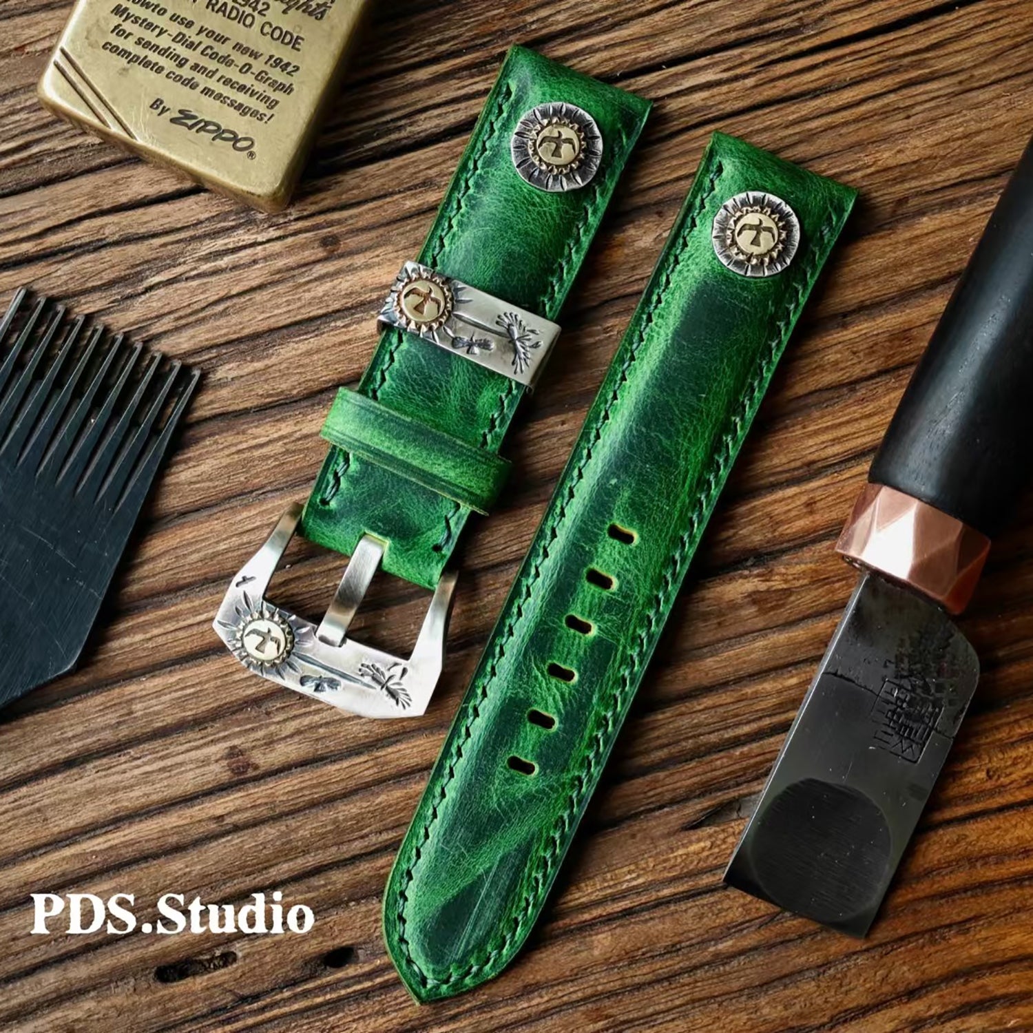 Handmade Custom Kudu Leather Watch Strap - Vintage Green, American Raised Texture, Pin Buckle, Extended Length