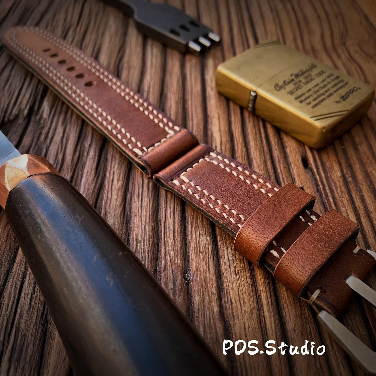 Handcrafted Custom Leather Watch Strap, British Vintage Style, Made of Brown Old-Growth Leather, Soft with Double Thread Sandwich Structure