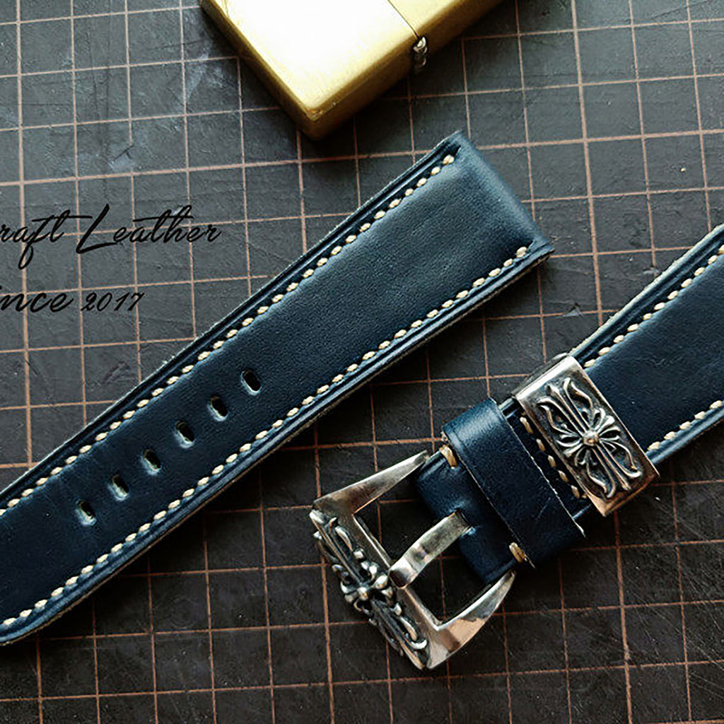 Handmade Custom American Horween Leather Watch Strap - Ink Blue & Dark Blue, Thickened & Soft, Pin Buckle