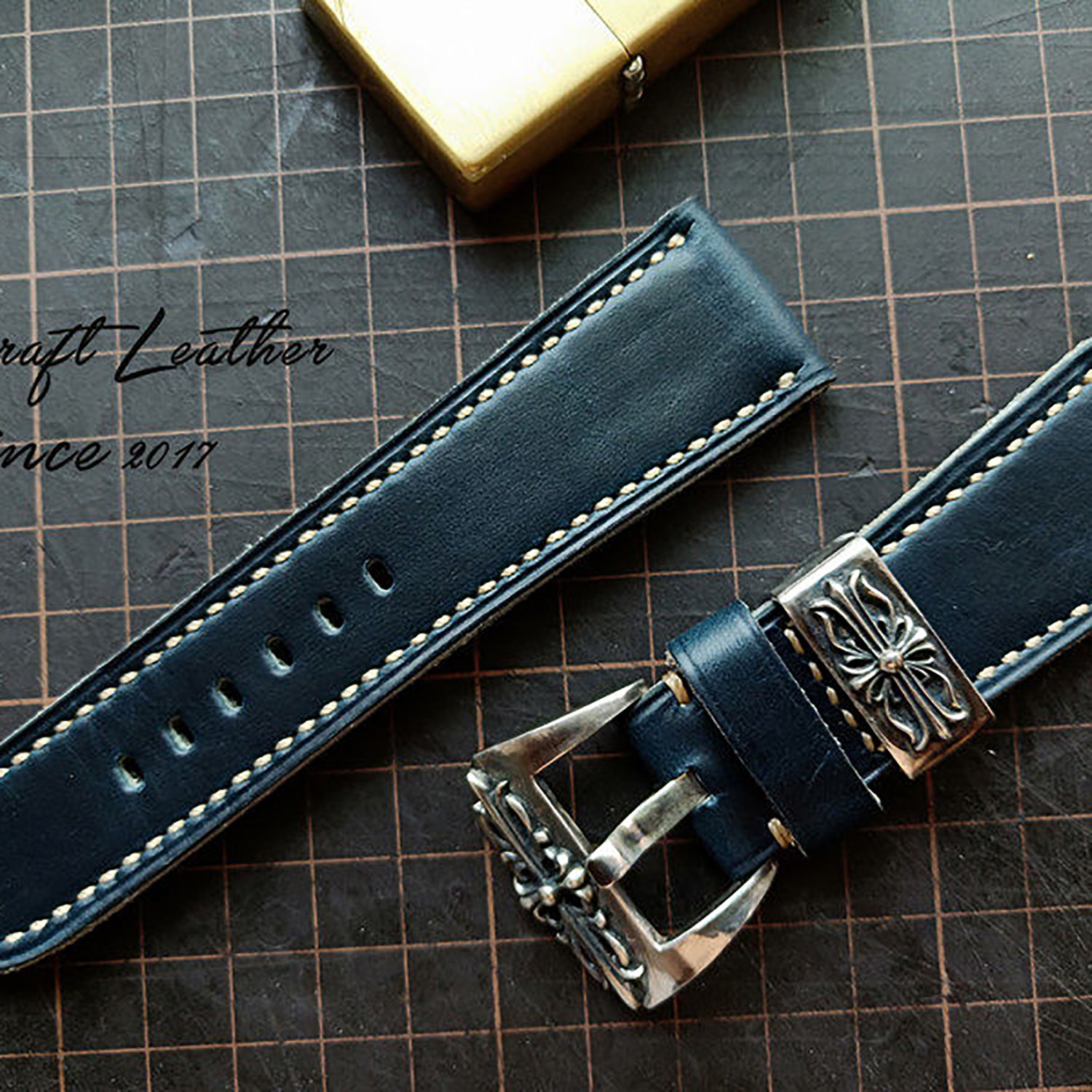 Handmade Custom American Horween Leather Watch Strap - Ink Blue & Dark Blue, Thickened & Soft, Pin Buckle