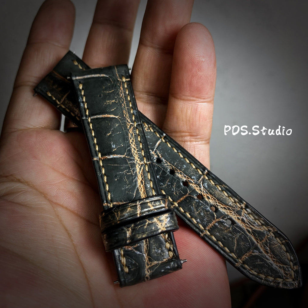 Handmade Custom American Retro Black & Gold American Alligator Leather Watch Strap - Frosted Texture, Sweat-Resistant, Soft, Pin Buckle