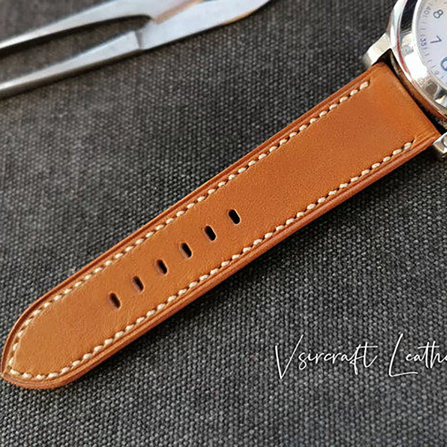 Handmade Custom Light Brown Tan Italian Leather Watch Strap - Vintage American Style, Soft, Thickened, Durable, Pin Buckle