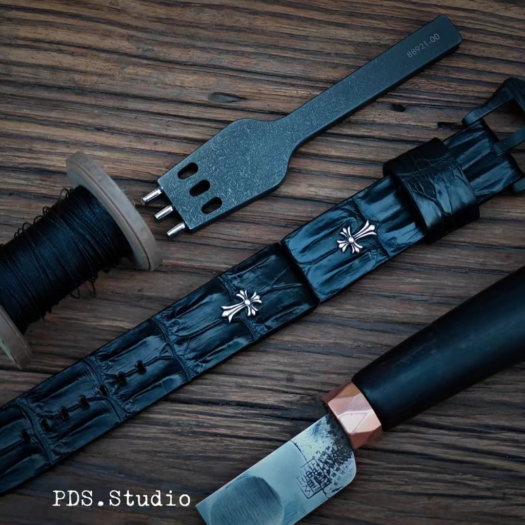 Handcrafted Custom Crocodile Bone Leather Watch Strap - Vintage Raised Inlay with Black, Waterproof & Sweat-Resistant