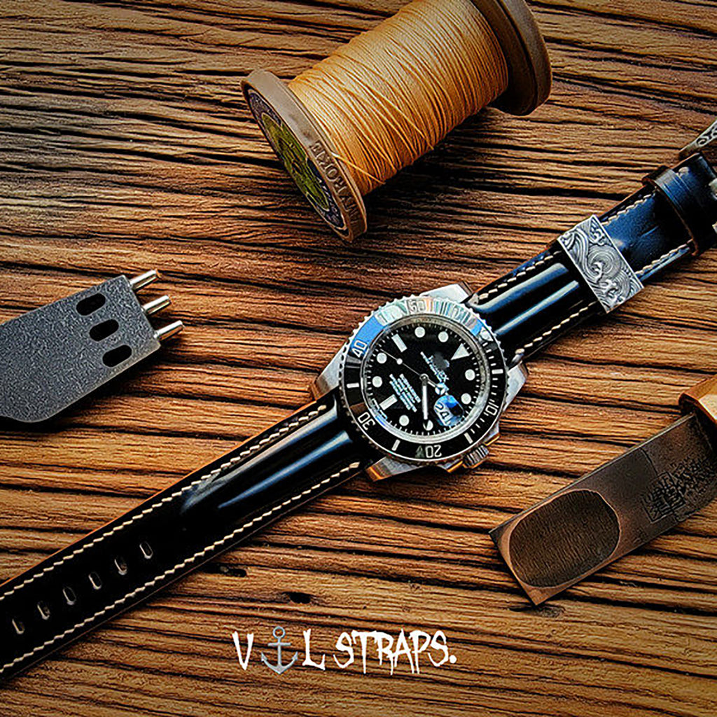 Handcrafted Custom Watch Strap - Horsehide with Drum Effect & Double-Strand Sword Bone Design, Glossy Black & Brown, Soft & Comfortable, Minimalist Style
