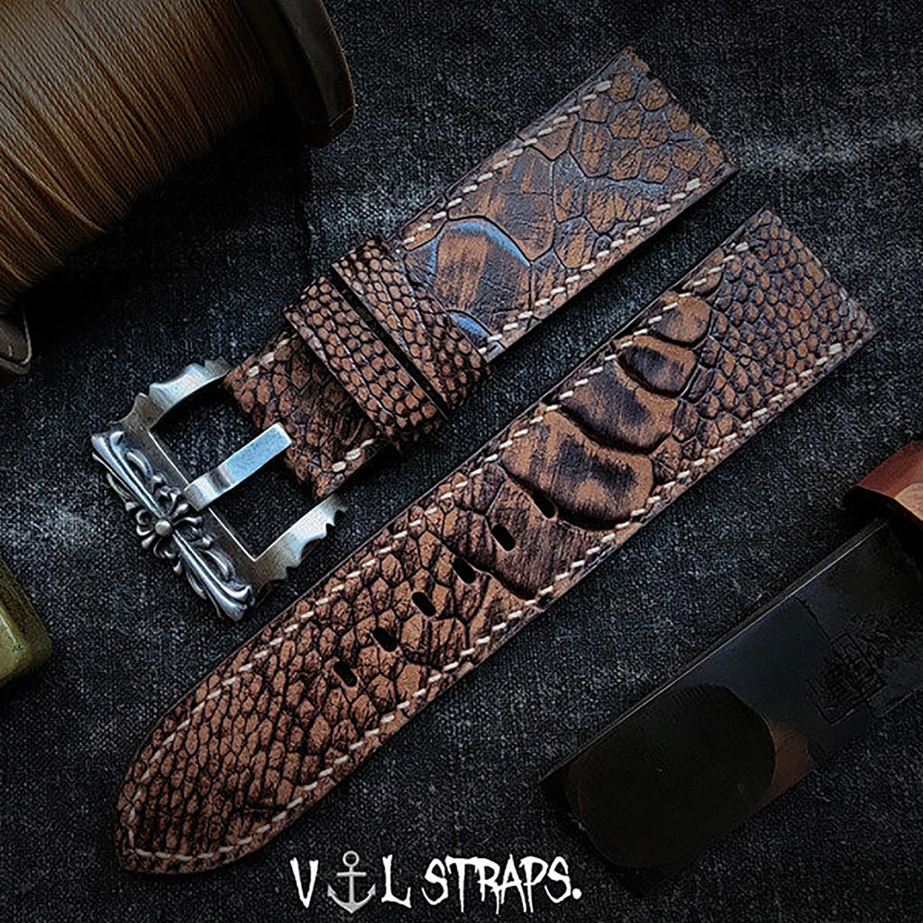 Handmade Custom Vintage Brown Ostrich Foot Leather Watch Strap - Cracked Texture, Soft, Pin Buckle, Thickened