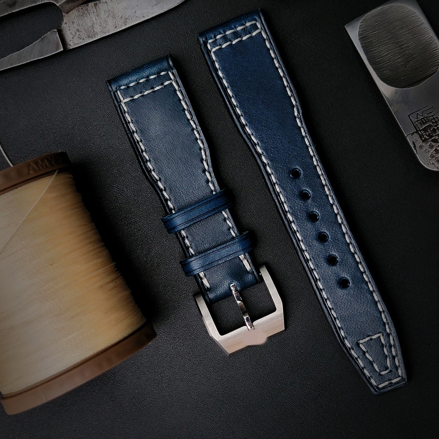 Handmade Custom Italian Cowhide Leather Watch Strap - Compatible with Pilot, Portuguese, Spitfire (Blue Pin Buckle)